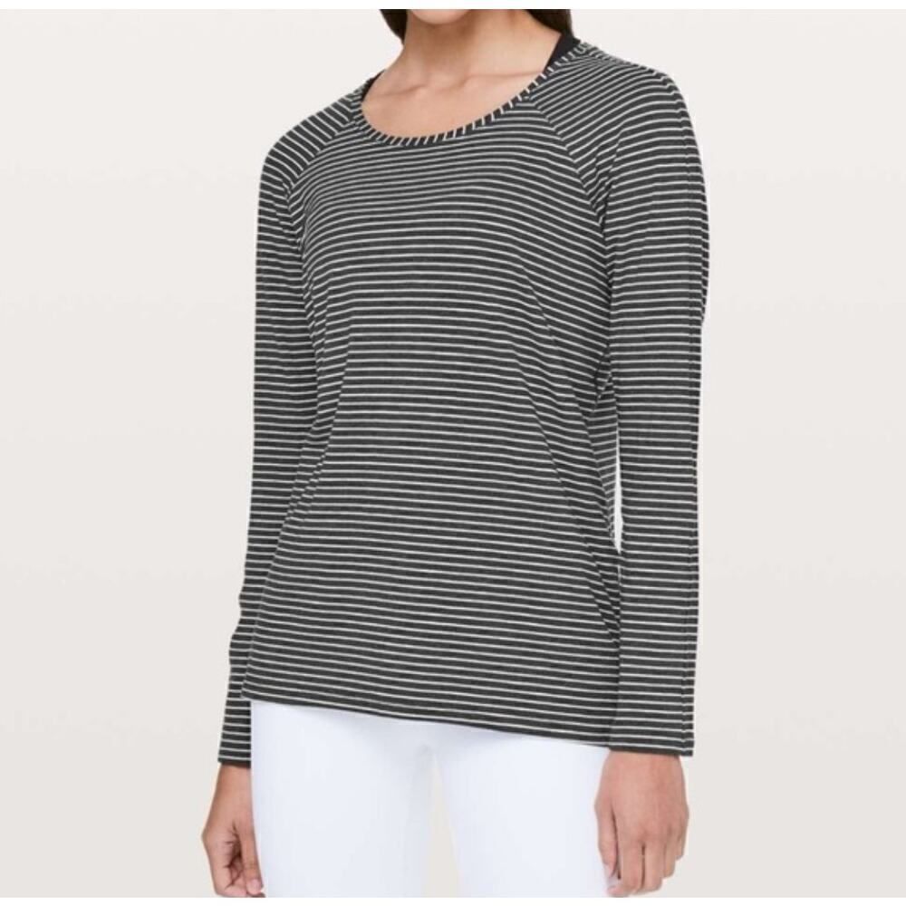 Lululemon Athletica Emerald Stripe Top Tee Long Sleeve Heathered Black Size 8